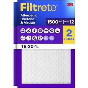 Filtrete 16x30x1 Air Filter, MERV 12, MPR 1500, Allergens, Bacteria & Viruses, 3-Month AC and Furnace Filters, Cleaner Air, Reliable Airflow, 2 HVAC Filters (Actual Size 15.81 x 29.81 x 0.78 in)