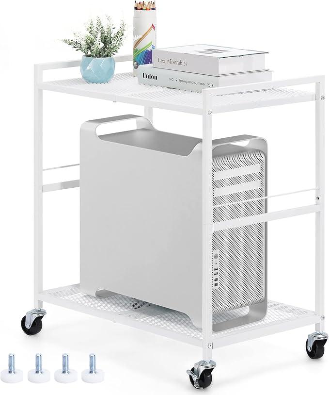 YBING Computer Tower Stand White PC Tower Stand 2 Tier CPU Holder with Wheels Metal Mobile Computer Tower Cart Rolling PC Cart Floor for Fax Home Office, White