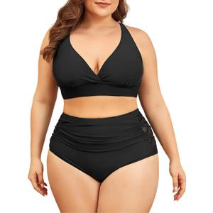 American Trends Womens Plus Size Bikini Two Piece Swimsuits Tummy Control Bathing Suits High Waisted Bikini Swimwear (Black, 2XL)