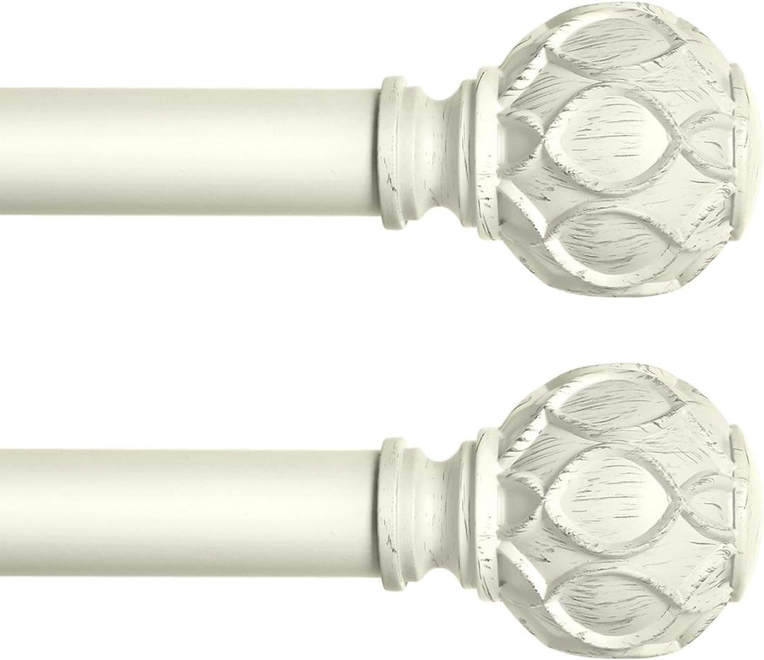 TANGWIN White Farmhouse Curtain Rods for Windows:Heavy Duty Adjustable Curtain Rod for Bedroom Living Room,Boho Decorative Rustic Drapery Pole with Vintage Coastal Finials,Antique White 2 Pack 36-88"