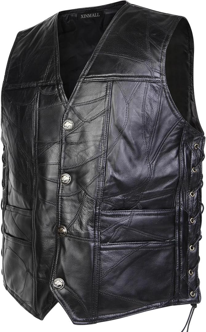 Motorcycle Genuine Leather Biker Vest for Men Club Style Classic Black (XX-Large)