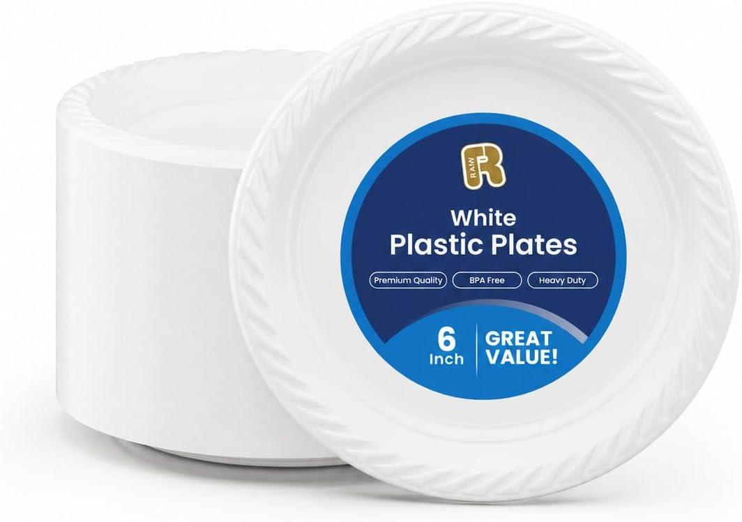 R-kay Plastic Plates Disposable - Heavy Duty White Disposable Plates - Microwavable Disposable Plastic Plates (6 Inch, 200, Count)