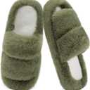 COFACE Women's Fuzzy Slippers Memory Foam Open Toe Slip On House Shoes Size 8.5 (Green)