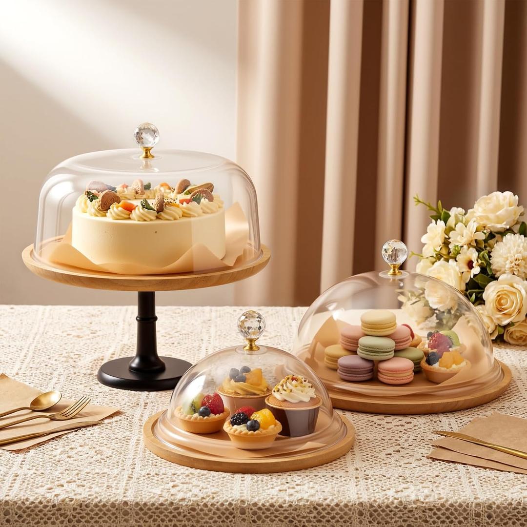 Lallisa Set of 3 Cake Stand with Lid Set, 12" Bamboo Wood Cake Stand with Dome, Dessert & Charcuterie Display with Large Acrylic Dome, Wooden Display Risers for Wedding, Party, Home Decoration