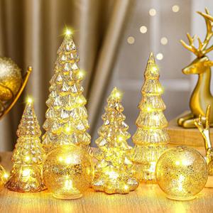 Syhood 6 Pcs Gold Mercury Glass Christmas Tree for Tabletop Light up Figurine Christmas Tree Mercury Cracked Glass Globe with Light for Xmas Decor Home Party Centerpiece Mantel Gift