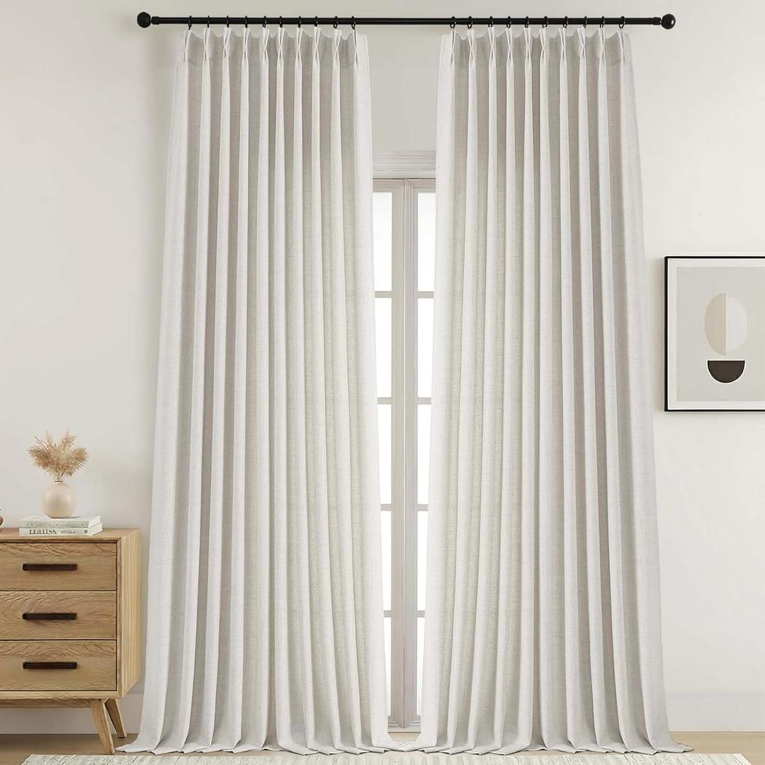 Extra Wide Pinch Pleated Natural Curtains 108 Inches Long, Soft Airy Textured Light Filtering Window Curtains for Patio Sliding Glass Door, Back Tab Modern Drapes, 9FT, 2PCS, 2x60Wx108L Inches