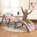 Pikler Triangle Set with Cushion, 7 in 1 Toddler Climbing Toys Indoor, Montessori Foldable Climbing Set, Wooden Climbing Toys for Toddlers Inside with Ramp, Arch and Ladder (Rainbow with Blue), Medium