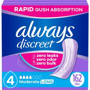 Always Discreet Adult Incontinence Pads for Women, Moderate Absorbency, Long Length, Postpartum Pads, 162 Count (Packaging May Vary) (4-drop)