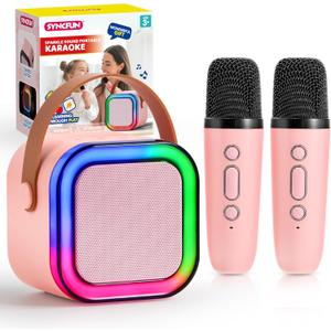 SYNCFUN Karaoke Machine, Mini Karaoke Machine with 2 Wireless Microphones for Kids and Adults, Bluetooth Speaker Toys, Birthday Girls Gift for Ages 3,4, 5, 6,7, 8,9,10,11,12+ Years Old(Pink)
