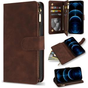 ZZXX for iPhone 12 Pro Max Wallet Case with Card Slot Premium Soft PU Leather Zipper Flip Folio Wallet with Wrist Strap Kickstand Protective for iPhone 12 Pro Max Case Wallet (Coffee 6.7 inch)
