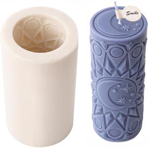 Vintage Sun Moon Pattern Pillar Candle Mold, Column Silicone Mold for Soy Wax Candle, Aromatherapy Candle, Gypsum, Plaster, Home Decor (Small, B)
