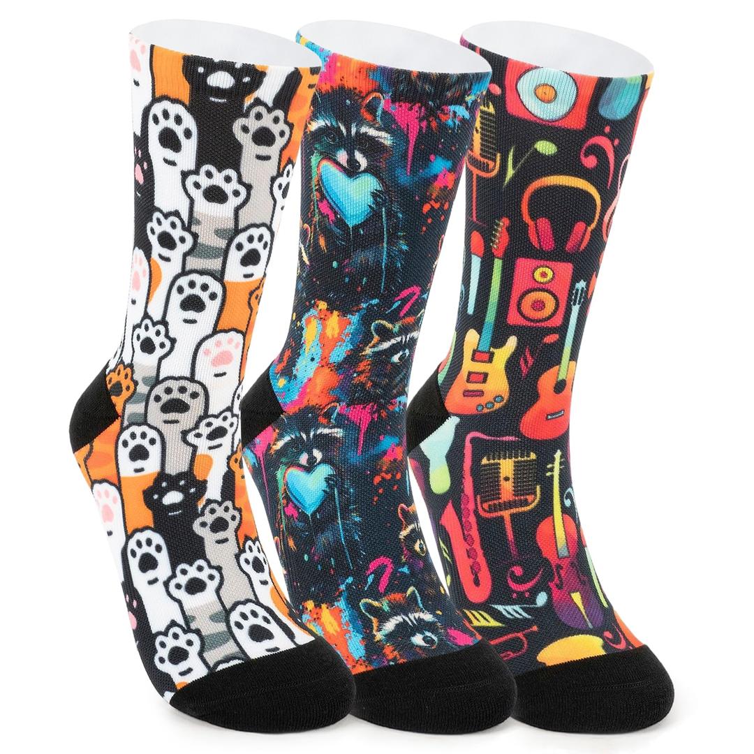 Deepfuls Creative Print Crew Socks for Men Women,Crazy Novelty Gift Socks Gag Stocking Suitable for Birthday Christmas White Elephant Holiday,One Size Parties,3 Pairs