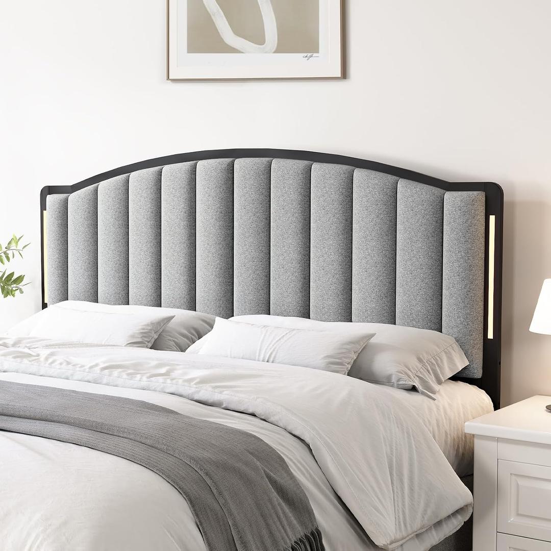 Headboard for Full Size Bed with LED Lights, Upholstered Vertical Channel Tufting Head Boards, Linen Fabric Bed Headboard Only, Attach Frame, Ideal for Bedroom, Dorm, Guest Room, Grey