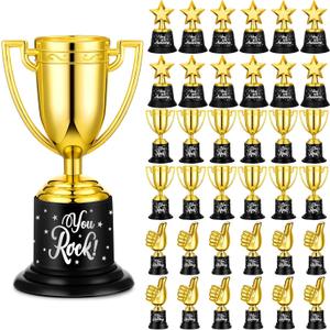 Lenwen 36 Pack Gold Trophy Award Bulk Star Thumbs up Trophy Awards Plastic Mini Golden Cup Back to School Gifts for Students Classroom Sports Soccer Football Game Winning Prize, 3 Styles