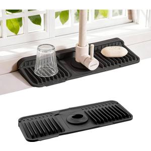 3 x ZJWZLG Faucet Mat for Kitchen Sink, 14"X5.5" Silicone Sink Splash Guard with Soap Holder, Snap-On Design & 7slope Fast Drain, Folding Sink Faucet Mat for Universal Kitchen Bathroom SinkBlack