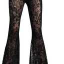 Gothic Black Pants Grunge Bottoms High Waisted Boho Hippie (Medium, Alt Flared Pants for Women Black Mesh Sheer)