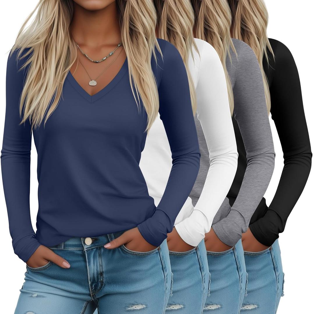Riyiper 4 Pack Women's Deep V Neck T-Shirts, Long Sleeve Slim Fitted Tee Tops Casual Fall Basic Tee Shirts (Medium, Black, Gray, White, Haze Blue)