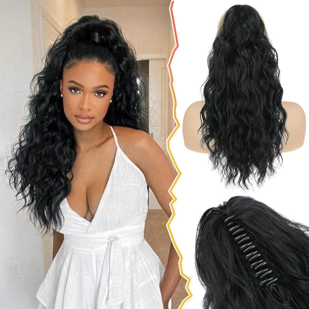 BARSDAR Black Ponytail Extension -18 Inch Claw Clip Ponytail Hair Extensions for Women, Curly Wavy Multi Layered Clip in Ponytail Hairpieces Synthetic Fake Pony Tails Daily Party, Natural Black