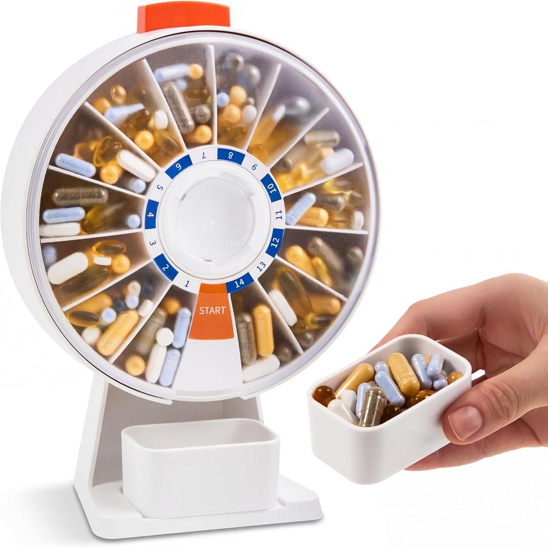 Pill Dispenser 14 Day Rotating Medicine Organizer Wheel with Push Button, Wall Mounted or Desktop Manual Pill Dispenser for Elderly & Seniors, Large Capacity Vitamin & Medication Organizer