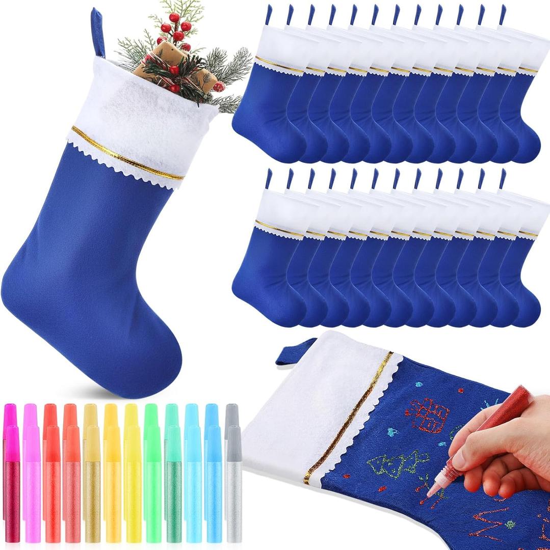 Shinymoon 24 Pcs Felt Christmas Stockings Bulk and 24 Pcs 12 Colors Glitter Pens for DIY 19 Inch Party Favors DIY Stockings Christmas Hanging Ornaments White Cuff with Gold Trim(Blue, 19 Inch)