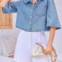 Womens Crop Denim Shirt Half Sleeve Button Down Short Jean Jacket with Pocket (Blue, XL)