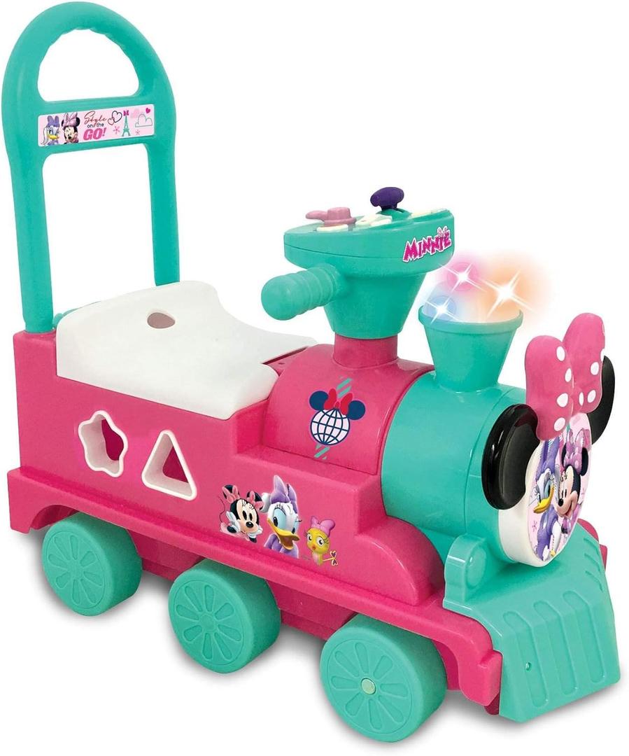 Kiddieland Disney Minnie Mouse Play n' Sort Activity Train Ride-On with Lights, Sounds, Shape Sorter, Storage Seat, Push Handle, Ages 1236 Months, Toddler Indoor Toy for Motor Skills