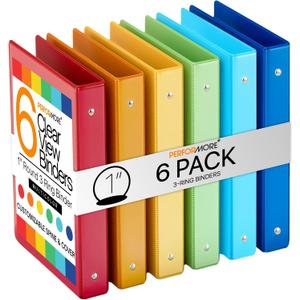 Performore 6-Pack Multi-Color 3-Ring Binders, 1-Inch Round Rings, 8.5x11 Inches, Versatile Binders for Office, Home, & School Use, Assorted Colors (Dark Blue, Green, Orange, Red, Yellow, Bright Blue)