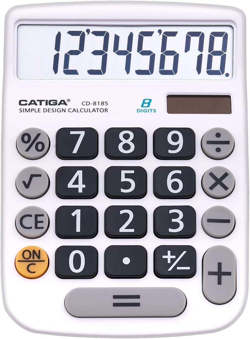 CATIGA Desktop Calculator 8 Digit with Solar Power and Easy to Read LCD Display, Big Buttons, for Home, Office, School, Class and Business, 4 Function Small Basic Calculators for Desk, CD-8185 (White)