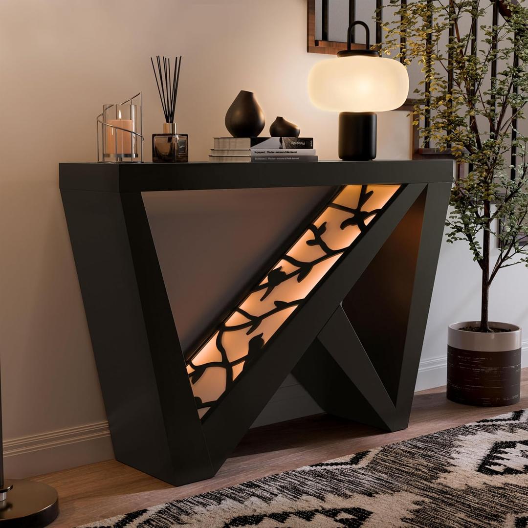 Homes: Inside + Out Naomi Modern Decorative Accent LED Console Table with W-Shaped Legs and Remote, Wood Entryway Furniture for Living Room, Hallway, Entrance, Small Spaces, Black