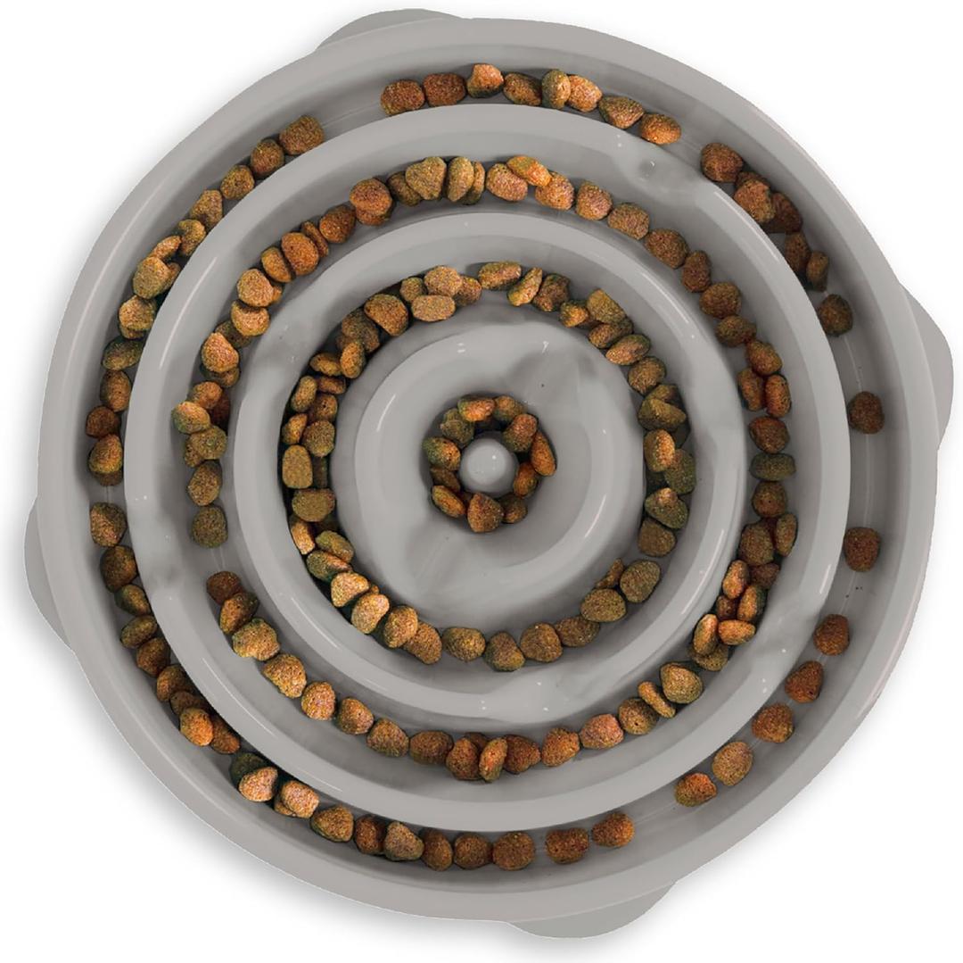 Outward Hound Fun Feeder Slo Bowl  Large 4Cup Capacity, Slow Feeding, Medium to Large Dogs, NonSlip, Gray, Drop Pattern