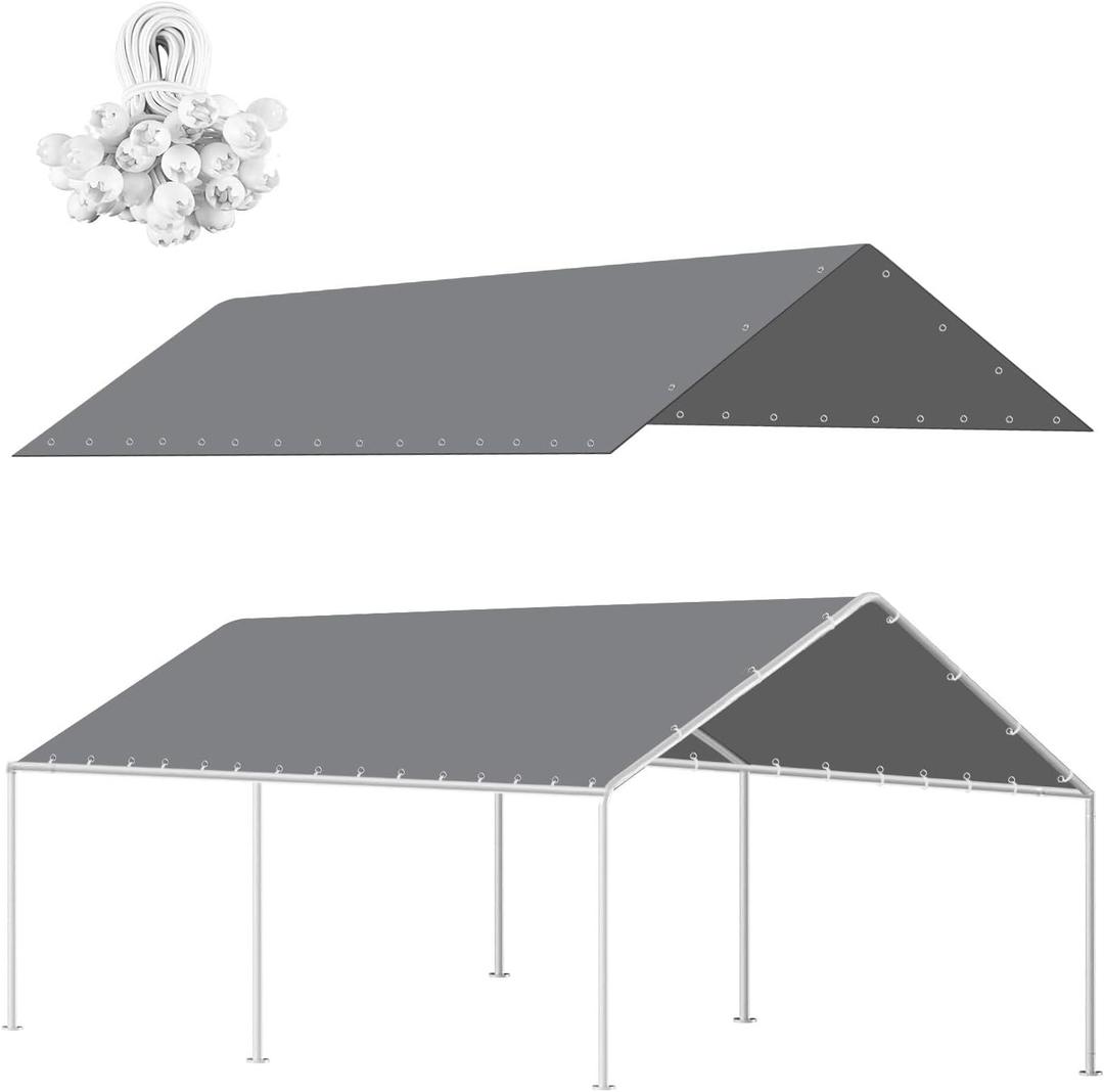 10x20Ft Carport Replacement Canopy Cover, Heavy Duty Waterproof Garage Top Shelter Cover Car Canopy with Ball Bungees,Gray(Frame Not Include)