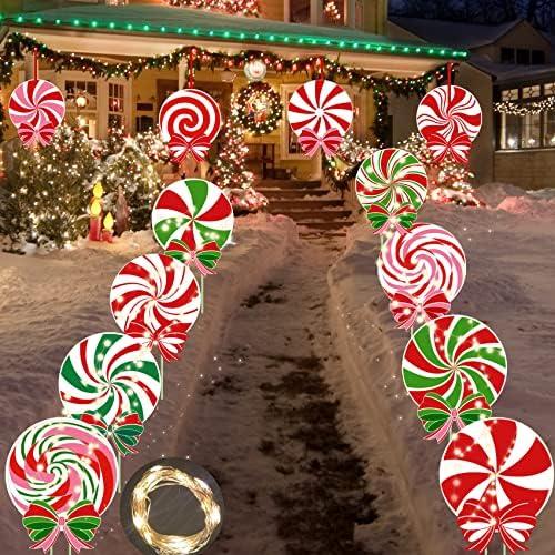 12 PCS Christmas Outdoor Yard Signs Candy Decorations Outdoor Peppermint LED Lights Xmas Yard Stakes Hanging Ornaments Holiday Garden Sign Cardboard Signs for Party Porch Lawn Walkway Decor