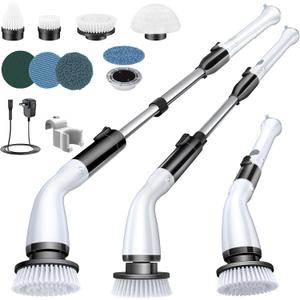 Electric Spin Scrubber, Cordless Cleaning Brush Scrubber with 7 Replaceable Brush Heads and Adjustable Extension Handle, IPX7 Waterproof Power Cleaning Brush for Bathroom Tub Floor Tile Shower (Brightblack)