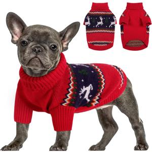 Queenmore Christmas Dog Sweater, Knitted Pullover Turtleneck Outfit, Warm Clothes for Small Dogs Boys or Girls S
