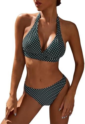 KOKITA Women's Mid Rise Bikini Suit Halter Neck V Tie Push Up Front Classic Polka Dot Two Swimsuit Size S