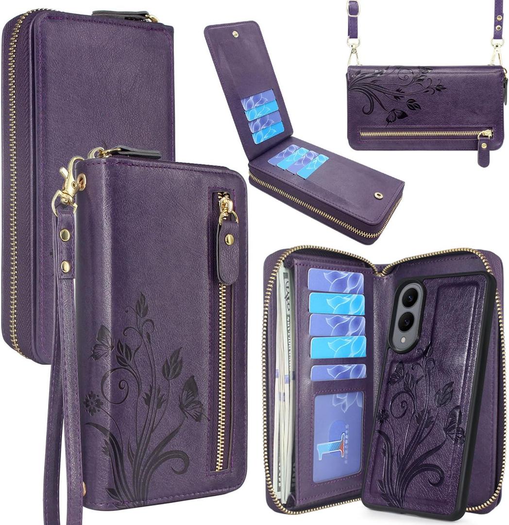 for Samsung Galaxy S25 Edge Wallet Case,Crossbody Dual Zipper Detachable Magnetic Leather Wallet Case Cover Wristlets Wrist Strap 13 Card Slots Money Pocket(Floral Dark Purple)