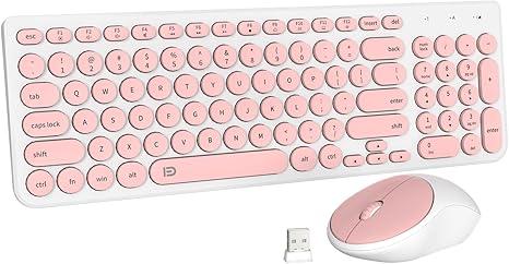 FD iK6630 Wireless Keyboard and Mouse Combo  2.4GHz USB Cordless, Cute Round Keys, Quiet and Slim Set for Laptop, Computer, TV, and Mac  Salmon Pink & White