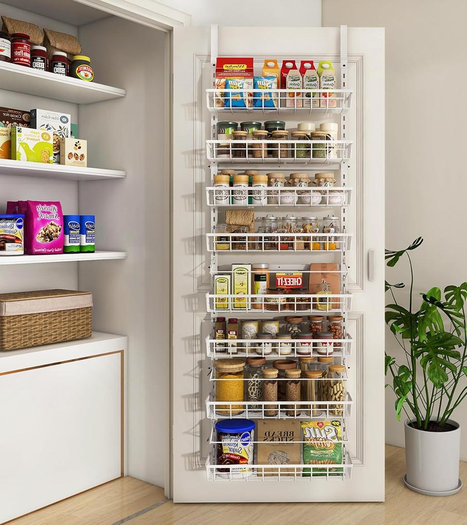 Over The Door Pantry Organizer, Wall Mount Spice Rack, Pantry Hanging Storage and Organization, 8 Adjustable Baskets Heavy-Duty Metal for Home & Kitchen, Back of Door Seasoning Rack - White