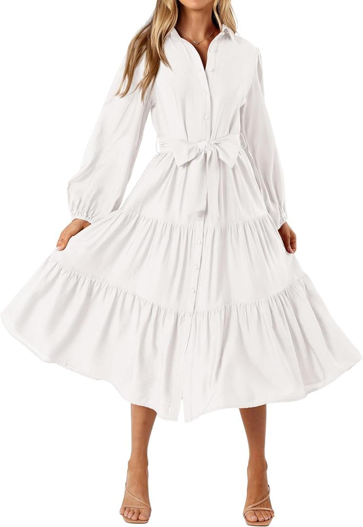 MASCOMODA Womens Dresses 2025 Fall Long Sleeve Midi Dress Casual V Neck Button Down Tiered Flowy Aline Tie Waist Shirt Dress (Large, White)