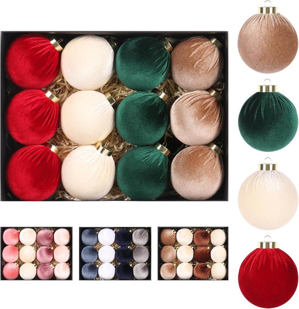 Super Holiday 3.14" Velvet Christmas Balls, 12PCS 80MM Plastic Christmas Ball Ornaments for Xmas Tree Hanging Decorations Assortment, for Holiday Party Decor, Red, White, Green, Coffee