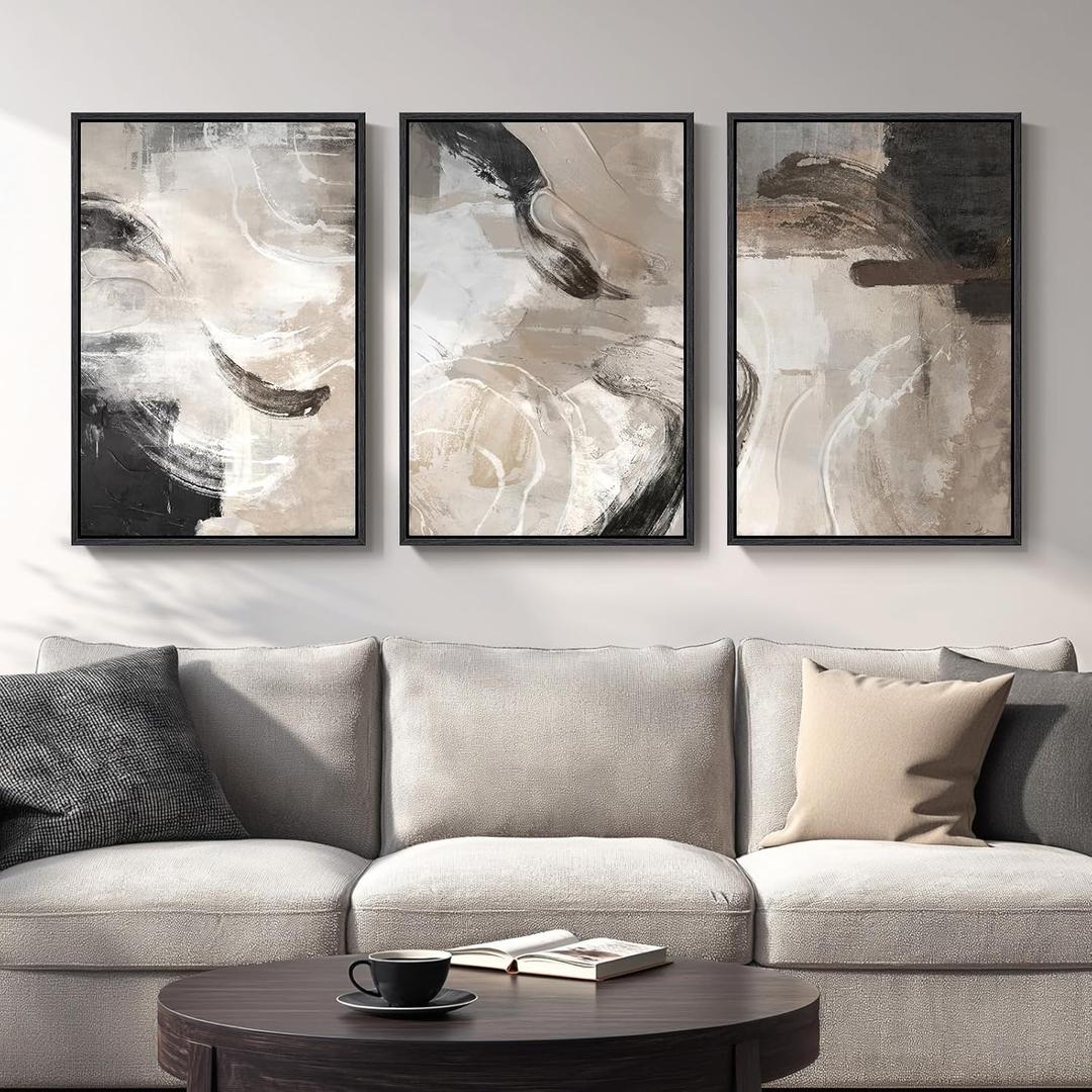 Large Framed Neutral Abstract Wall Art, 3 Piece Modern Minimalist Canvas Prints Paintings Artwork for Walls, Black Beige Brown Neutral Tone Pictures for Living Room Hallway Dining Wall Decor 20x30 In