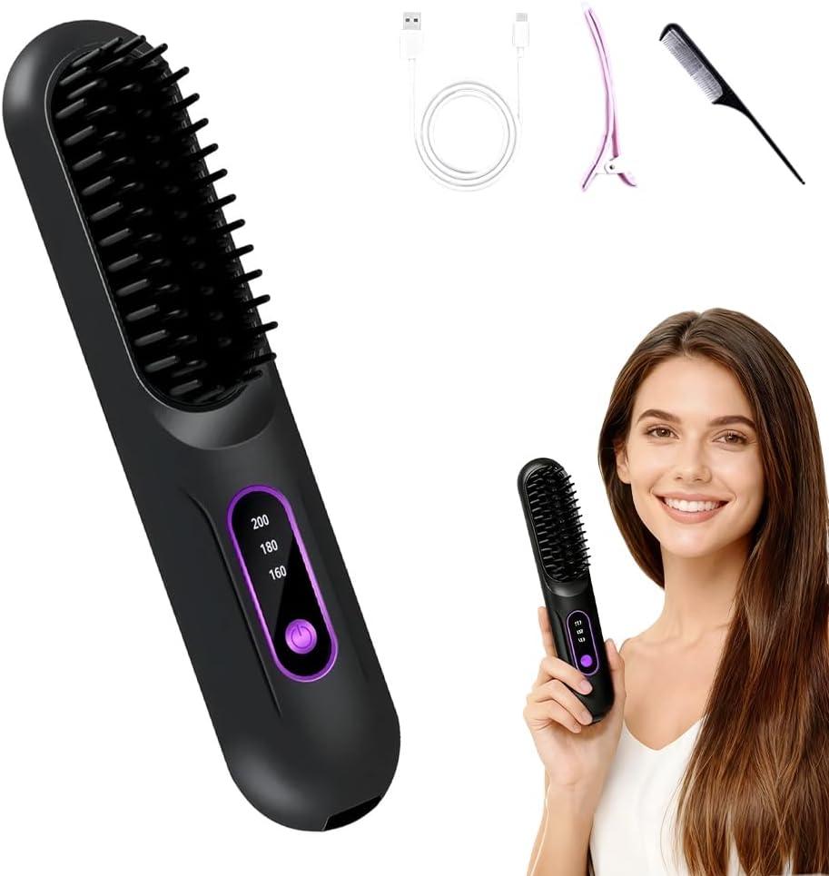 Hair Straightener Brush, 2026 Upgrade Cordless Hair Straightener Brush, Portable Straightener Brush for Travel with 3 Temps and LED Display, Fast Heating Cordless Mini Hair Brushes (Black)