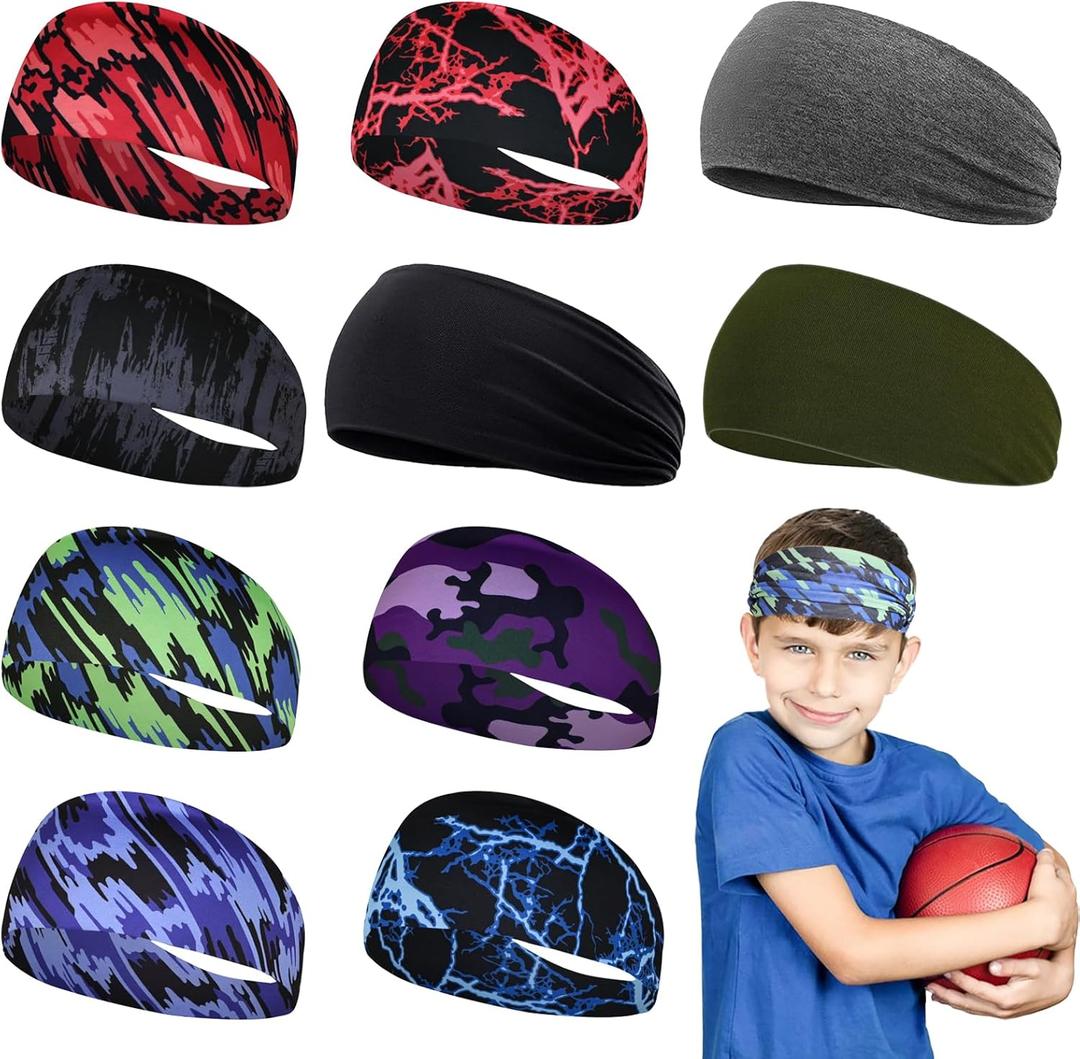 Fumwase 10 Pieces Boys Athletic Sweatbands Headbands 16 inch Elastic Sports Wicking Headbands Breathable Soft Sweatband Head Wrap for Basketball Football Cycling Running