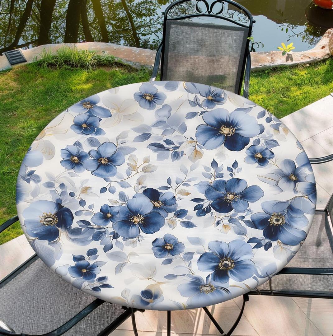 Round Tablecloth with Elastic Edge, 36-60Inch Waterproof Table Cloth for Dinner, Outdoor, Picnic, 60inch, Blue Flowers
