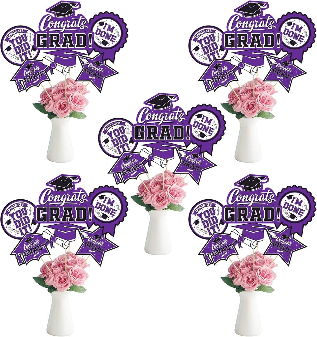 30PCS Graduation Party Decorations Congrats Grad Table CenterpieceTable DecorationsCongratulate Graduation Centerpiece Sticks Table Toppers for Graduation Party Supplies(Purple