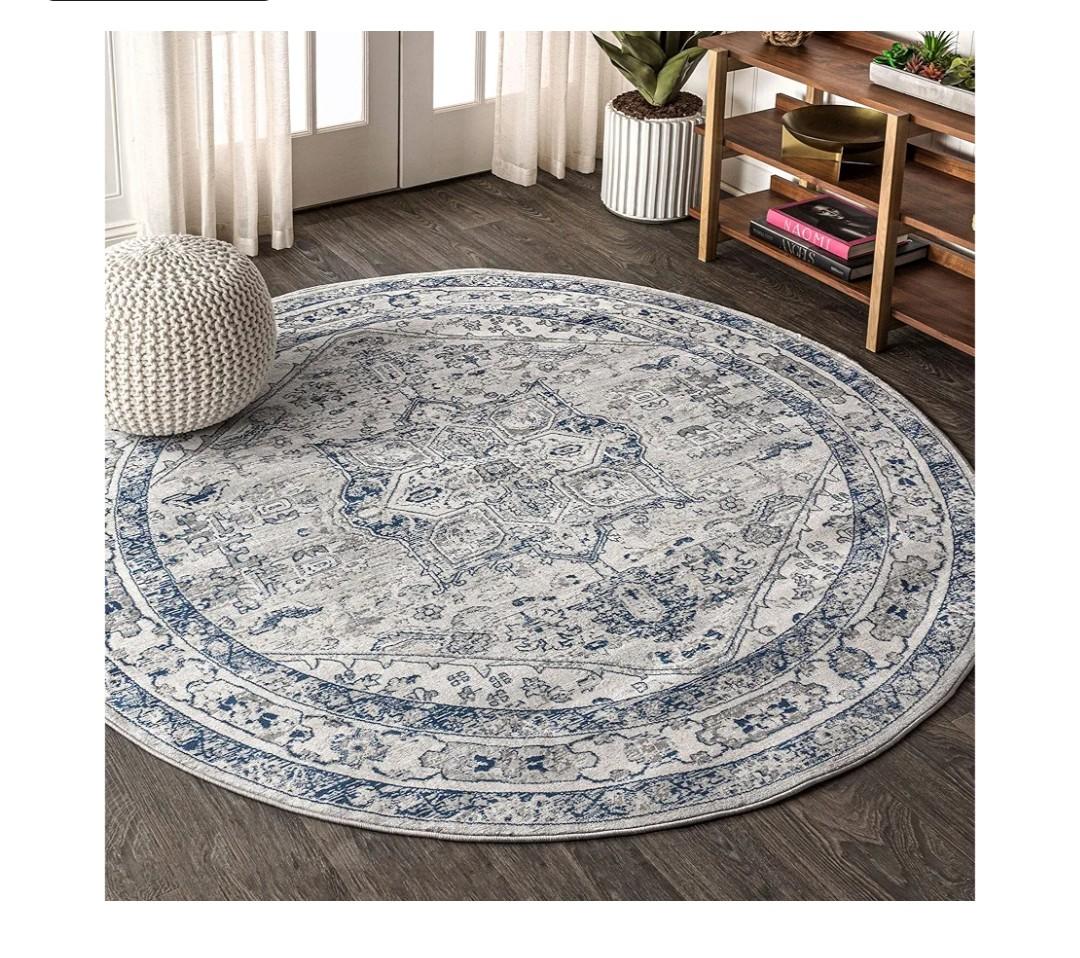 JONATHAN Y Modern Vintage Medallion Light Gray/Navy 8' Round Indoor Area Rug, Country, Floral, Easy-Cleaning for Living Room, Bedroom, Kitchen, Pet Friendly, Non-Shedding