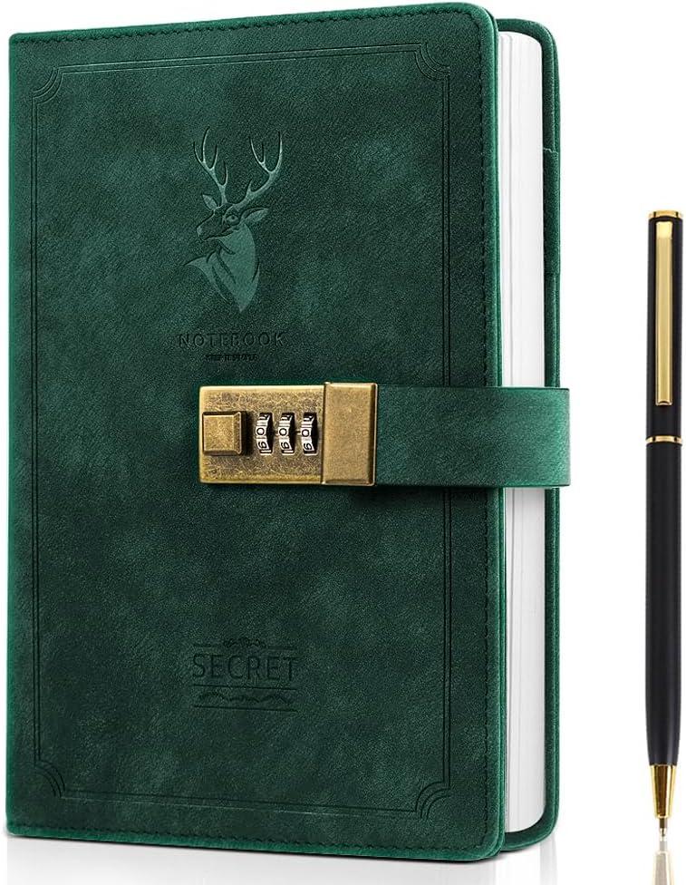 ZukoCert Journal With Lock A5 PU Leather Diary With Lock 240 Pages, Retro Journal With Lock And Key To Protect Your Privacy, Unisex.Deer Head Style, Green