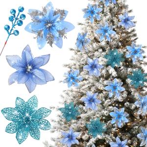 Floweroyal 30pcs Poinsettia Artificial Christmas Flowers Decorations with Clips and Berry Stems Glitter Ornaments for Christmas Tree Wreath Fireplace Stairs Decor (Blue-3 Styles)