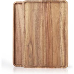 2pcs 15"x10" Large Solid Acacia Wood Serving Trays Rectangular Wooden Serving Platters Natural Wooden Boards for Bar Coffee PartyWood Log Color