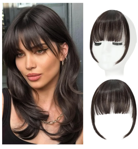 Clip in Bangs, Synthetic Wispy Bangs Hair Clip, Dark Brown Fake Bangs Fringe with Temples Hairpieces for Women Natural Curved Hair Extensions for Daily Wear
